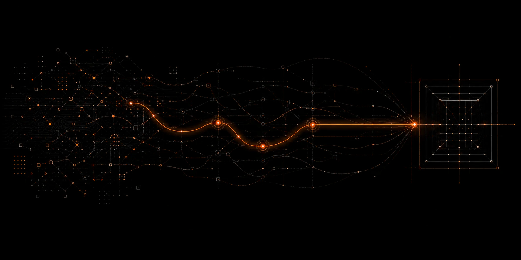 Technical visualization showing fragmented complexity moving through multiple possible paths, with one selected route becoming increasingly aligned before reaching a structured outcome.