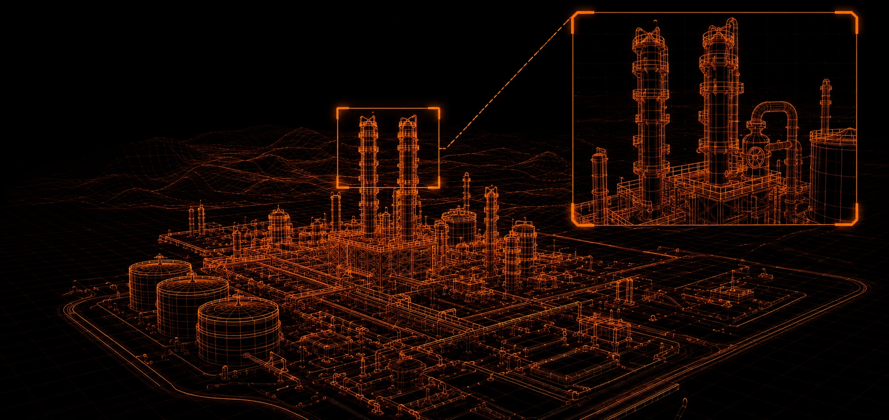 Orange wireframe industrial site with remote-view and detailed-area callouts