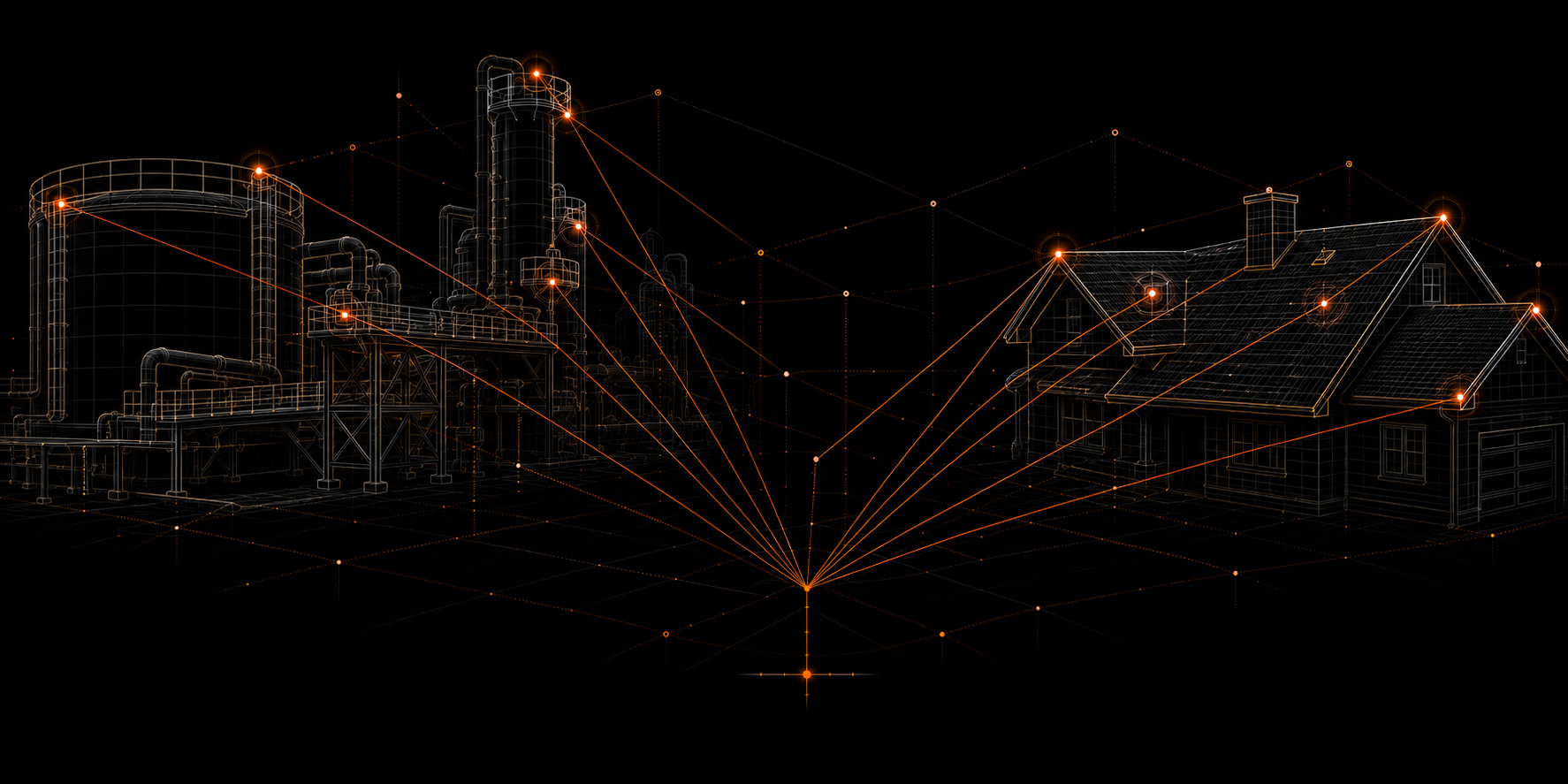 Technical wireframe illustration showing remote observation of an industrial facility and residential roof using a shared spatial reference framework.