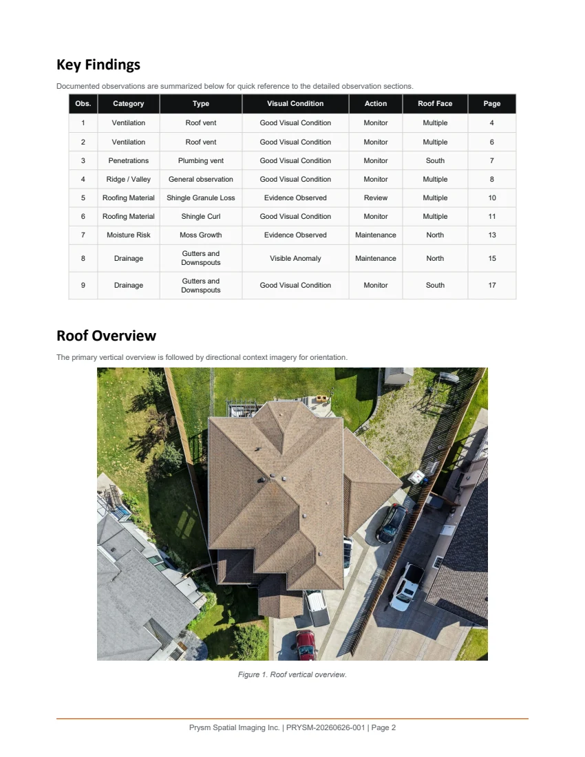 Sample report key findings and aerial roof overview page