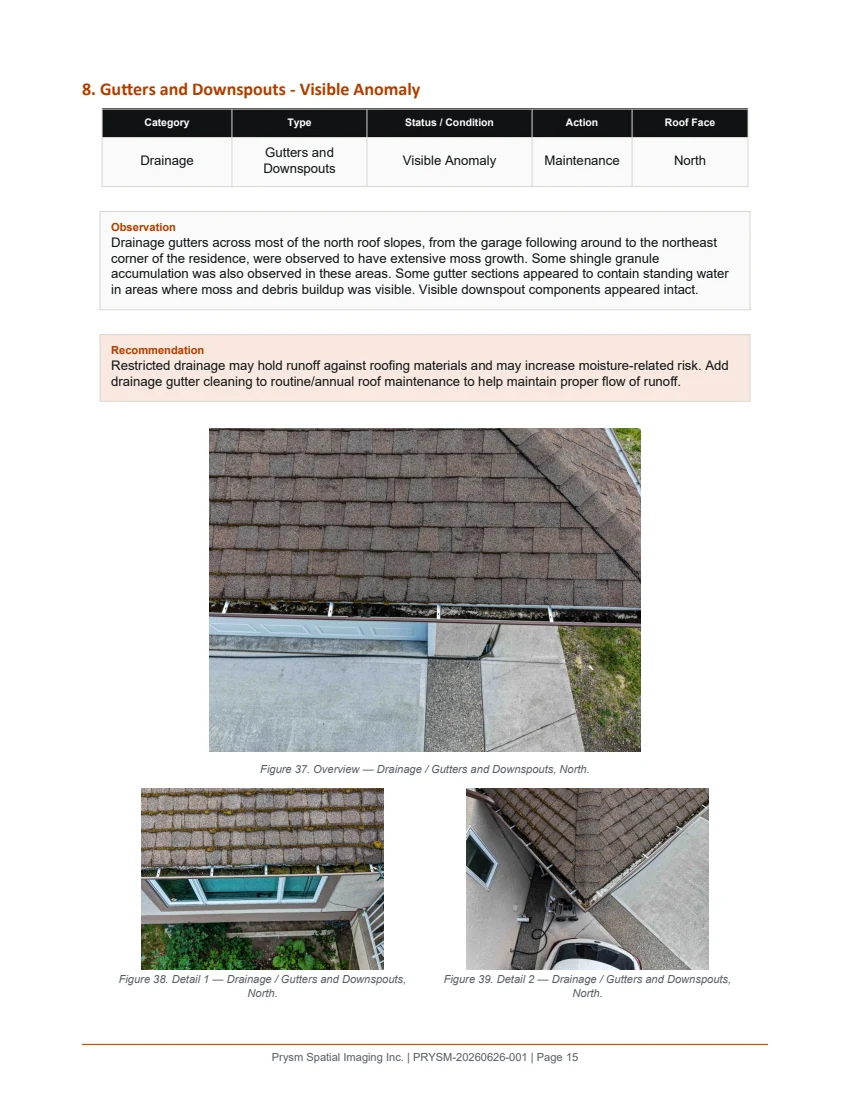 Sample detailed roof observation page with gutter imagery