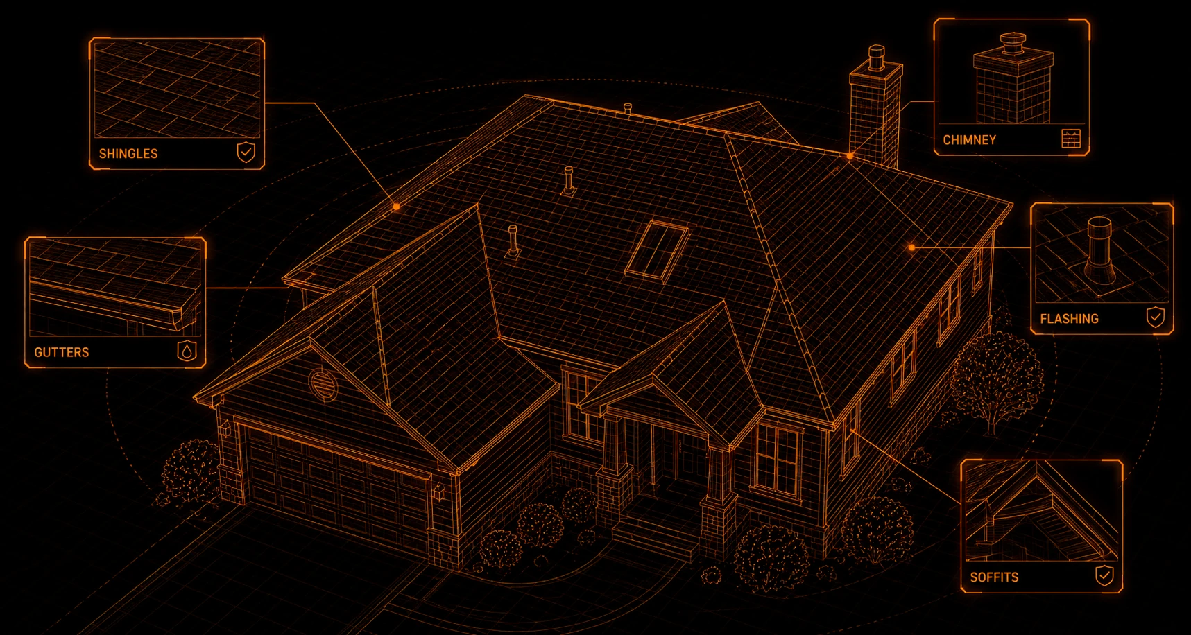 Orange wireframe house with roof-system callouts for shingles, gutters, chimney, flashing, and soffits